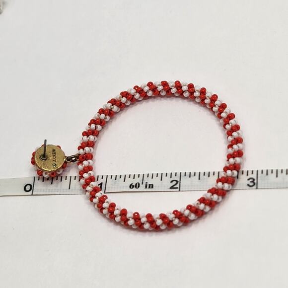 J Crew Red White Seed Bead Hoop Dangle Post Earrings Striped Oversized Playful - Picture 6 of 6